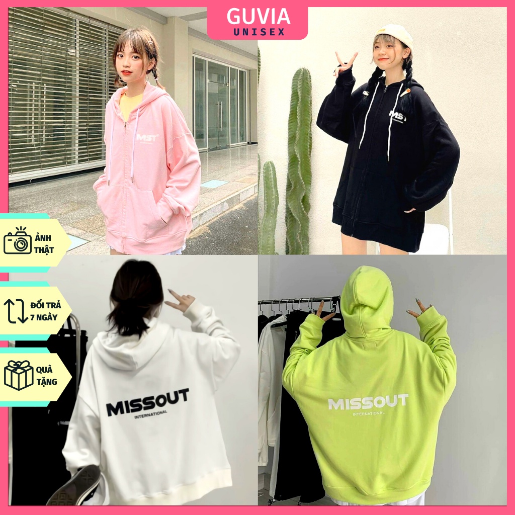 Áo khoác nỉ Hoodie Dây Kéo MISSOUT Ulzzang form rộng nam nữ áo nỉ bông Unisex AKN8 Guvia