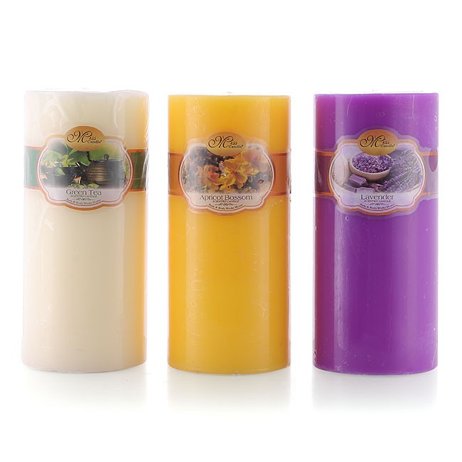 Bộ nến thơm Hạnh Phúc 15 - Bộ 3 nến thơm D7H15 Miss Candle MIC0277 7 x 15 cm (Vàng-tím-vàng nhạt)