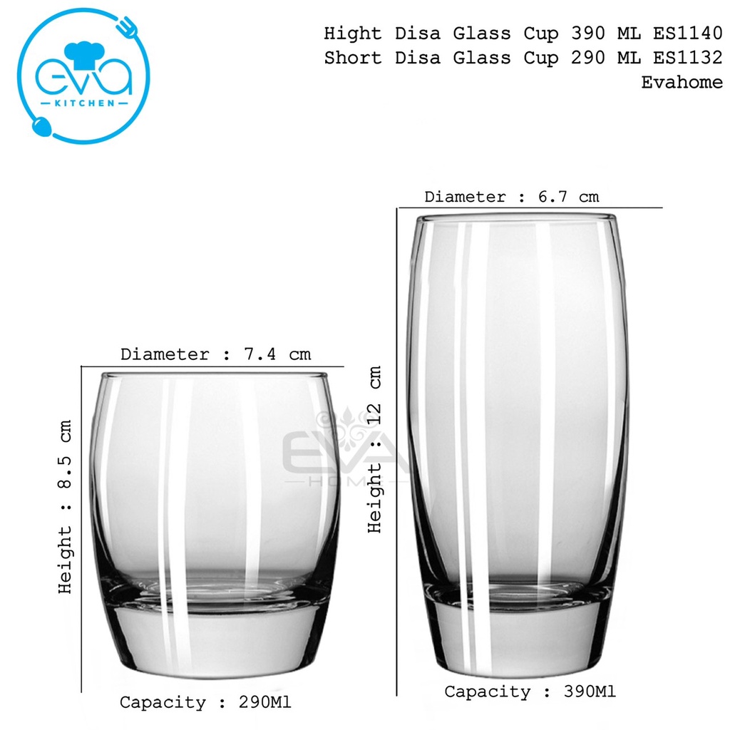 Set 6 Ly Thuỷ Tinh Dáng Bầu Tròn Disa Glass Cup Gồm 3 Ly Lùn 290 Ml Short Disa ES1132 Và 3 Ly Cao 390ML Hight Disa ES114