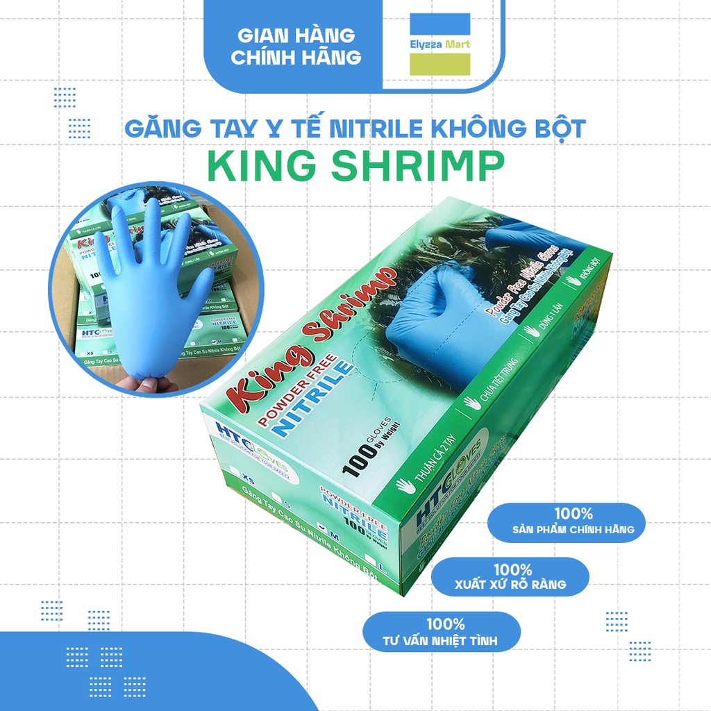 Găng Tay Cao Su Nitrile Không Bột HTC King Shrimp Chuyên Chế Biến Thuỷ Sản 5.2gr (Hộp 100 Chiếc)