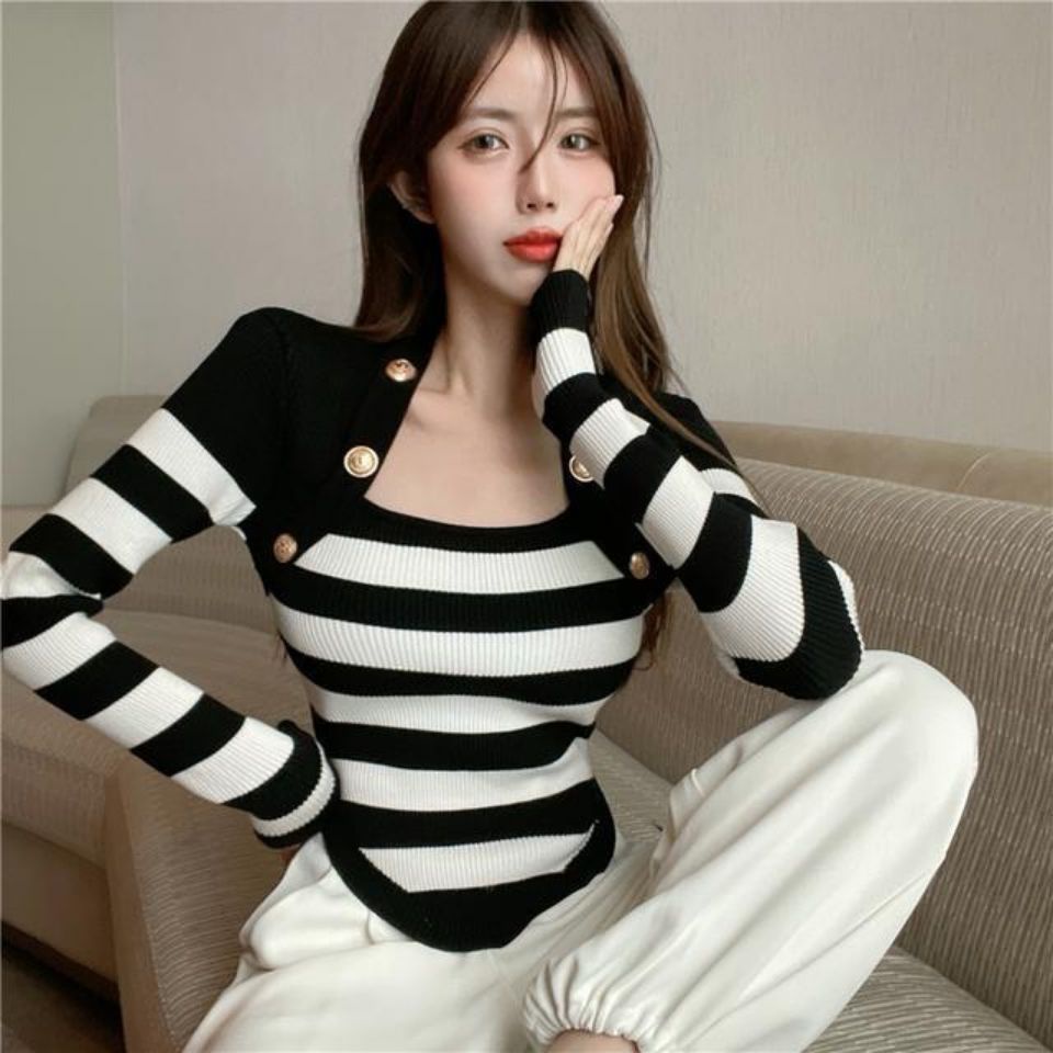 COZOK Áo sweater Tay Dài Dáng Ôm Kẻ Sọc Thời Trang Dễ Phối Đồ