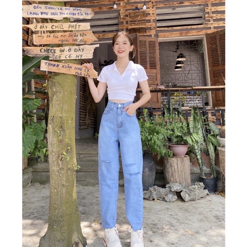 Set Baggy jeans lưng cao rách 3line + croptop petter trắng