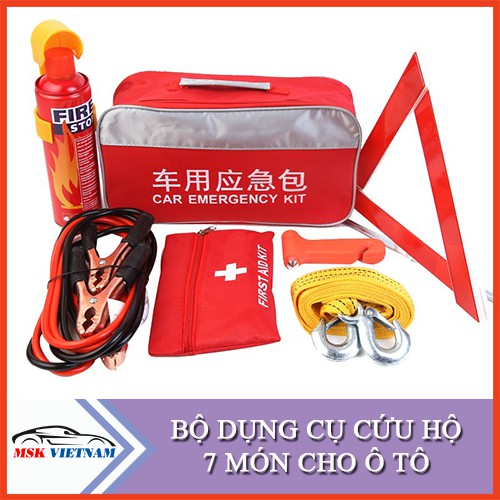 Bộ túi cứu hộ xe ô tô set 7 kèm dây câu bình ắc quy Tam giác cảnh báo găng tay Bình Chữa Cháy Dây kéo búa cứu hộ xe ô tô