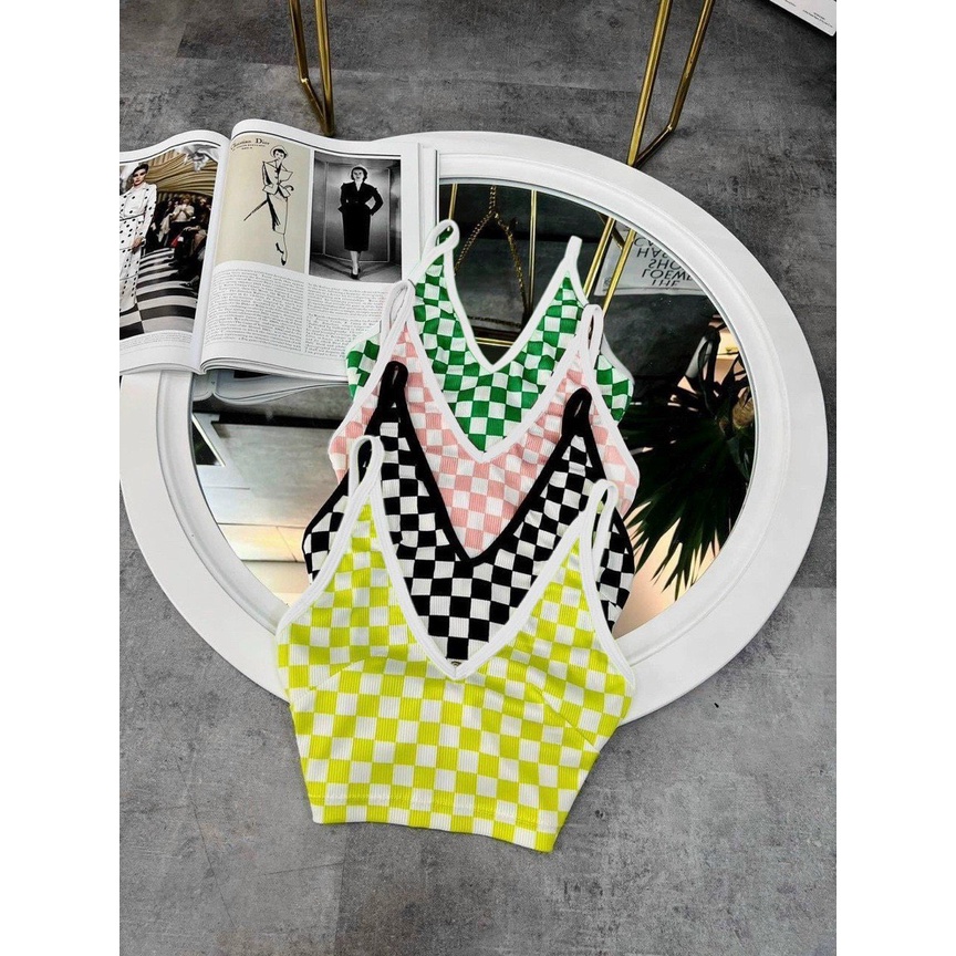 Áo thun 2 dây cổ tim croptop caro xinh chất thun tăm đẹp