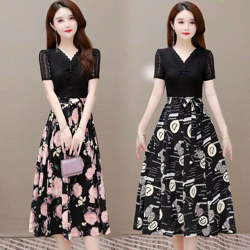HÀNG QC - ĐẦM XÒE REN PHỐI CHÂN VÁY VOAN IN HOẠ TIẾT - ZBT327340