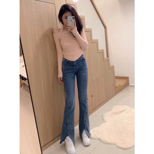 Quần jeans nữ ống loe xuông đứng cạp cao, quần bò xẻ gấu co dãn hàng cao cấp | BigBuy360 - bigbuy360.vn