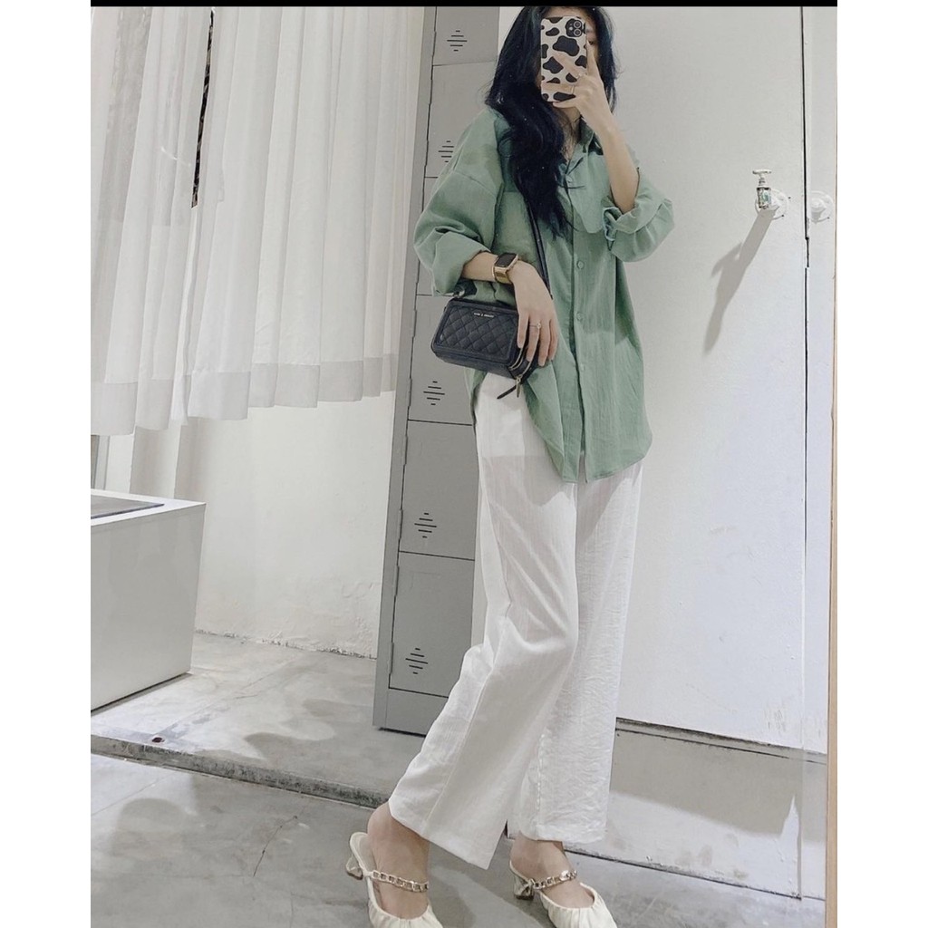 Set Áo Sơ Mi Đũi Quần Culottes Ống Rộng Nữ  Bộ quần áo dài tay nữ, quần suông trơn và áo sơ mi nữ