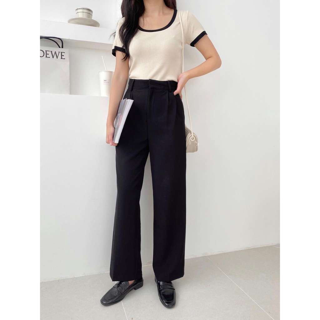 Quần suông ống rộng nữ cạp lưng cao khuy trước vải mềm đứng dáng Q2D17