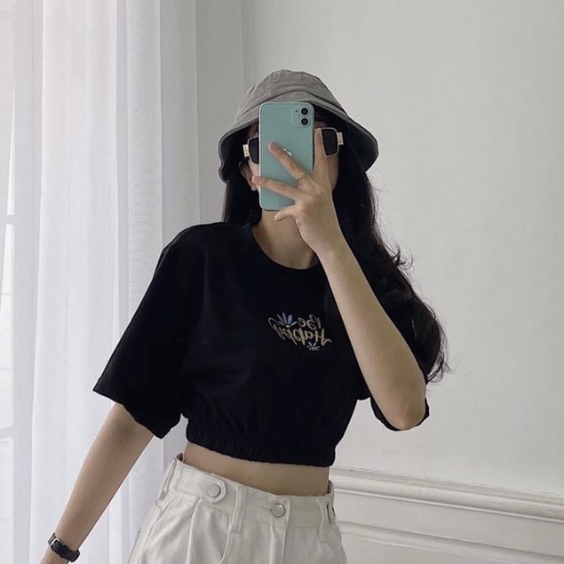 Áo Croptop Cộc Tay Bo Chun BE HAPPY Nữ 🌺 Thun hở bụng ngắn tay màu đen trơn chun ở eo kiểu dáng korea SIÊU HOT 🌺