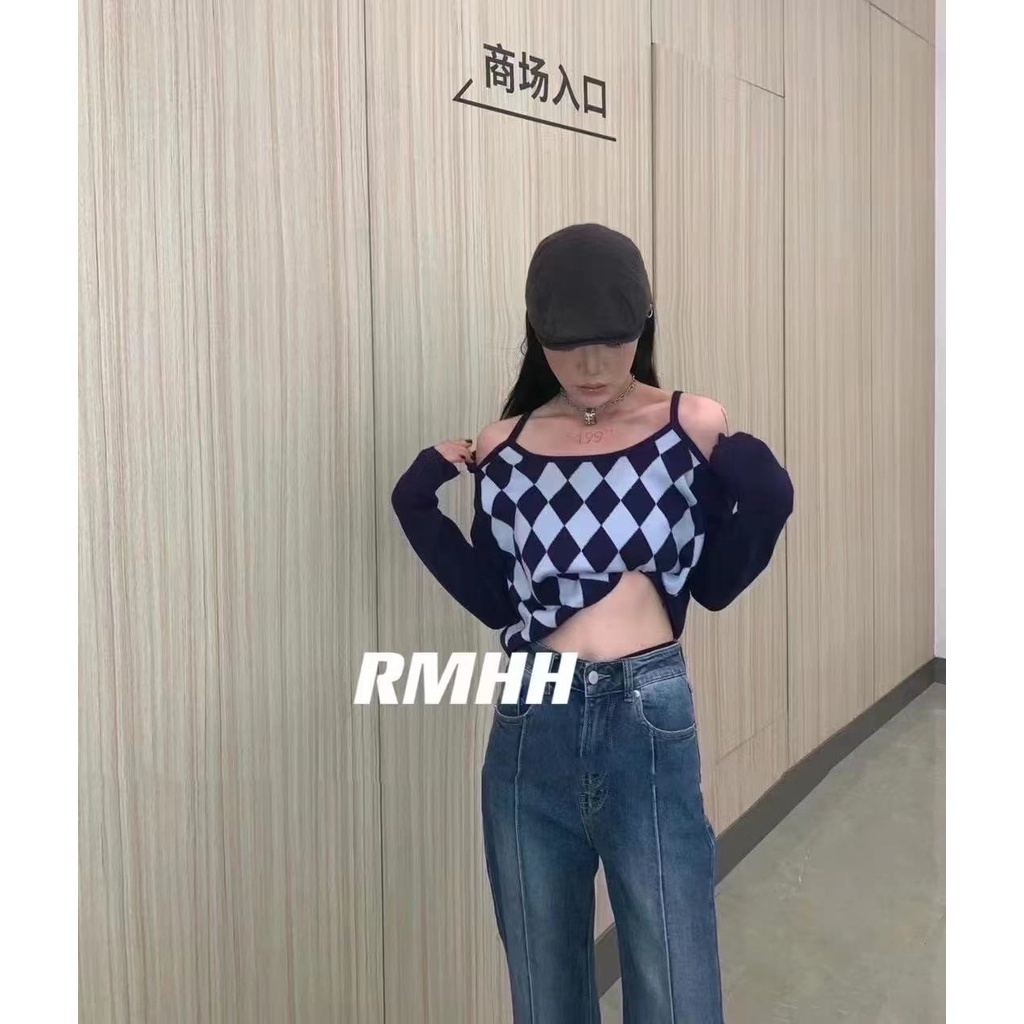 Áo sweater tay dài dáng ngắn họa tiết kim cương kiểu retro dễ phối đồ