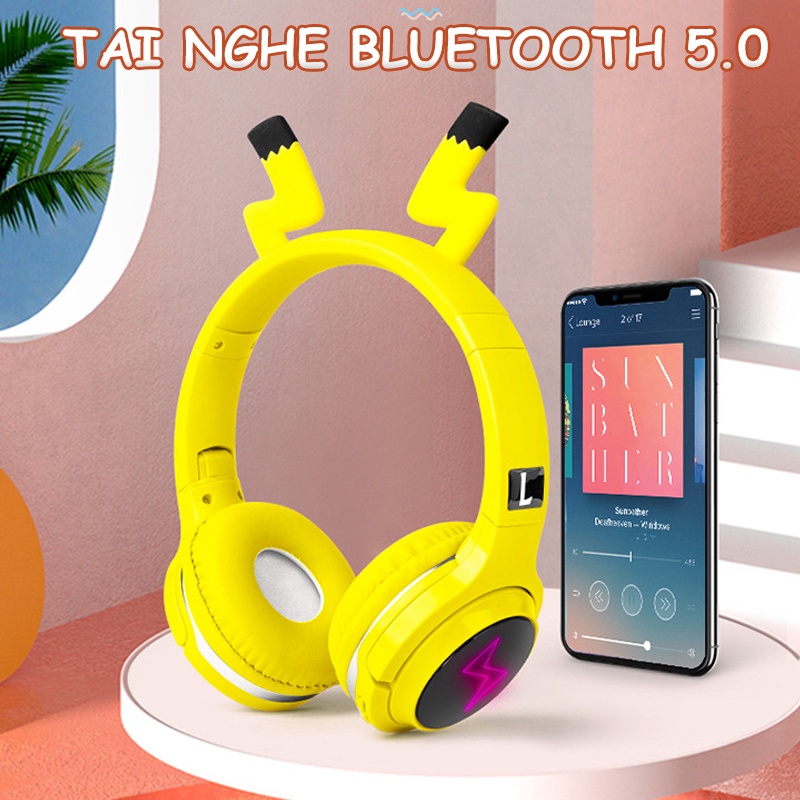 TN7 - Tai nghe chụp tai bluetooth không dây Pikachu màu vàng cute dễ thương đèn LED sáng độc đáo âm thanh sống động