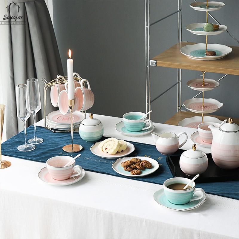 SWEEJAR Bộ ấm tách trà bằng gốm sứ với bát đựng đường và kem