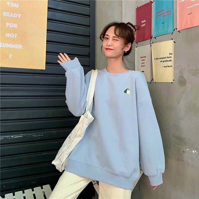 Áo sweater nữ form rộng nỉ bông cực xịn thêu hình trái cây cực cute áo thun dài tay chui đầu ấm áp