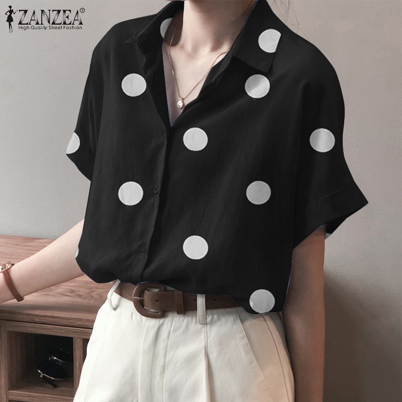 ZANZEA Áo Sơ Mi Ngắn Tay Họa Tiết Chấm Bi Thời Trang Dành Cho Nữ