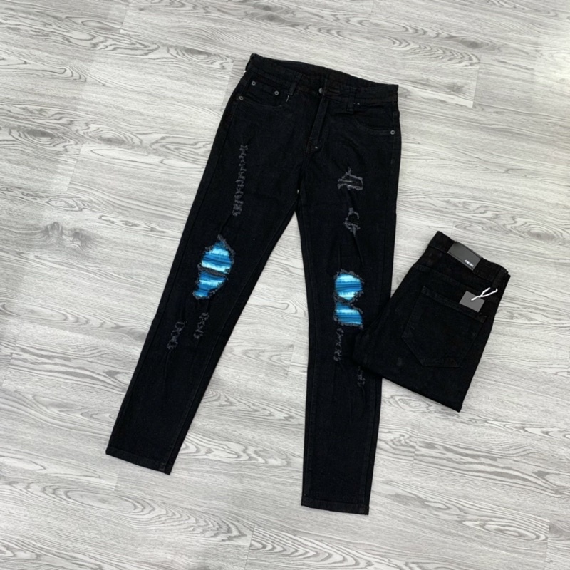 Quần jean bò nam đen phối rách xước gối lót vải nhăn xanh kẻ loang dáng slimfit vải dày dặn đẹp QJ45P