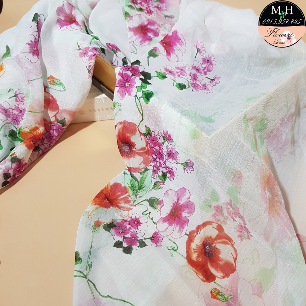 Vải voan gân in hoa loa kèn, dùng may áo váy mùa hè, chất mỏng vừa, mềm mại (100x150cm)