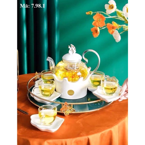 [ Có sỉ ] [SẴN] Bộ ấm kèm đế đun treo cốc thủy tinh chịu nhiệt, khay tròn bằng sứ, bộ bình trà