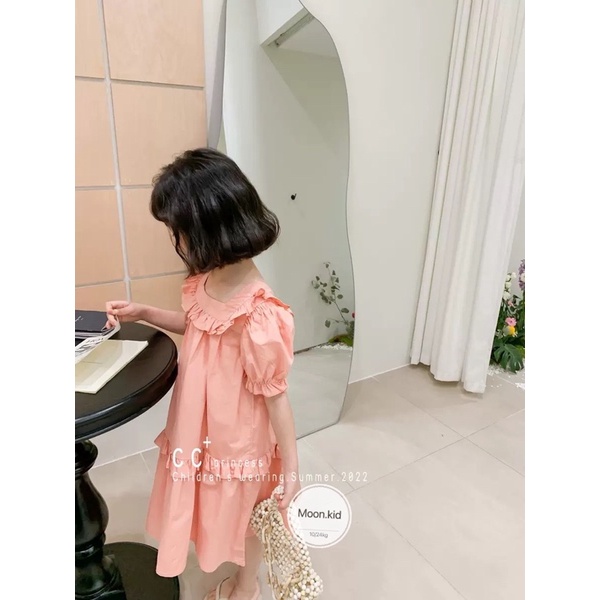 Váy đầm chun bèo cổ vuông cho bé gái