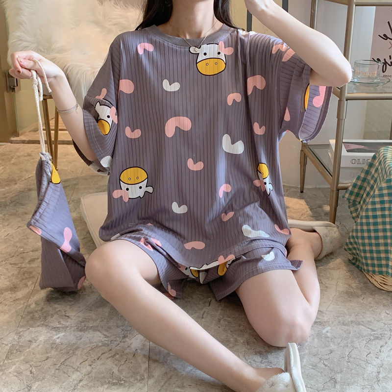 Bộ Đồ Ngủ Pijama Ngắn Tay Vải Lụa Mát Thời Trang Mùa Hè Cho Nữ Cỡ Lớn 200 Kg