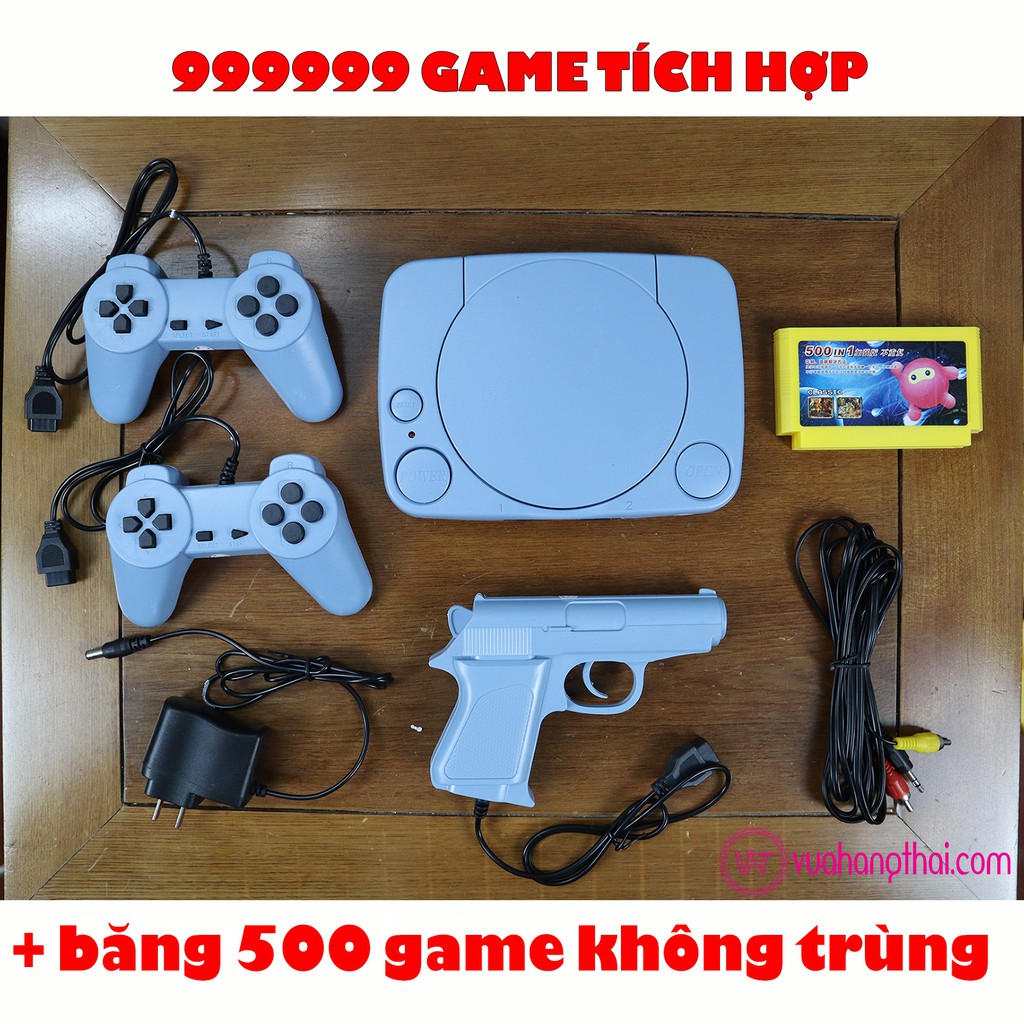 Máy chơi game 4 nút cổ điển, có súng bắn vịt - Tích hợp sẵn 999999 trò, kèm băng 500 game không trùng.