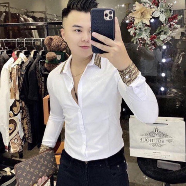 Áo sơ mi lụa nam dài tay hàn quốc cao cấp đẹp giá rẻ sơ mi gạch đỏ ở túi TCS