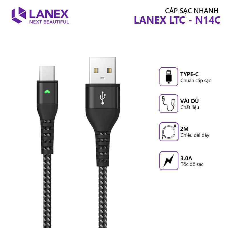 Cáp sạc nhanh LANEX LTC - N14C dây dù 3.0A, cổng kết nối Type-C, dài 2m, có đèn led