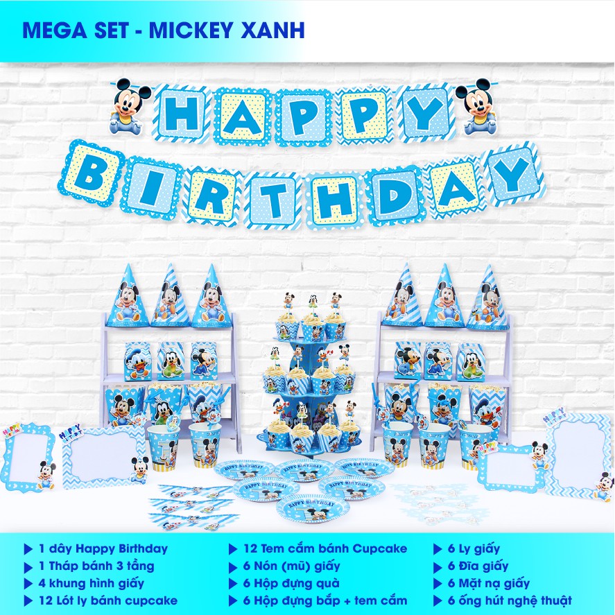 Set Phụ Kiện Trang Trí Bàn Mickey Xanh