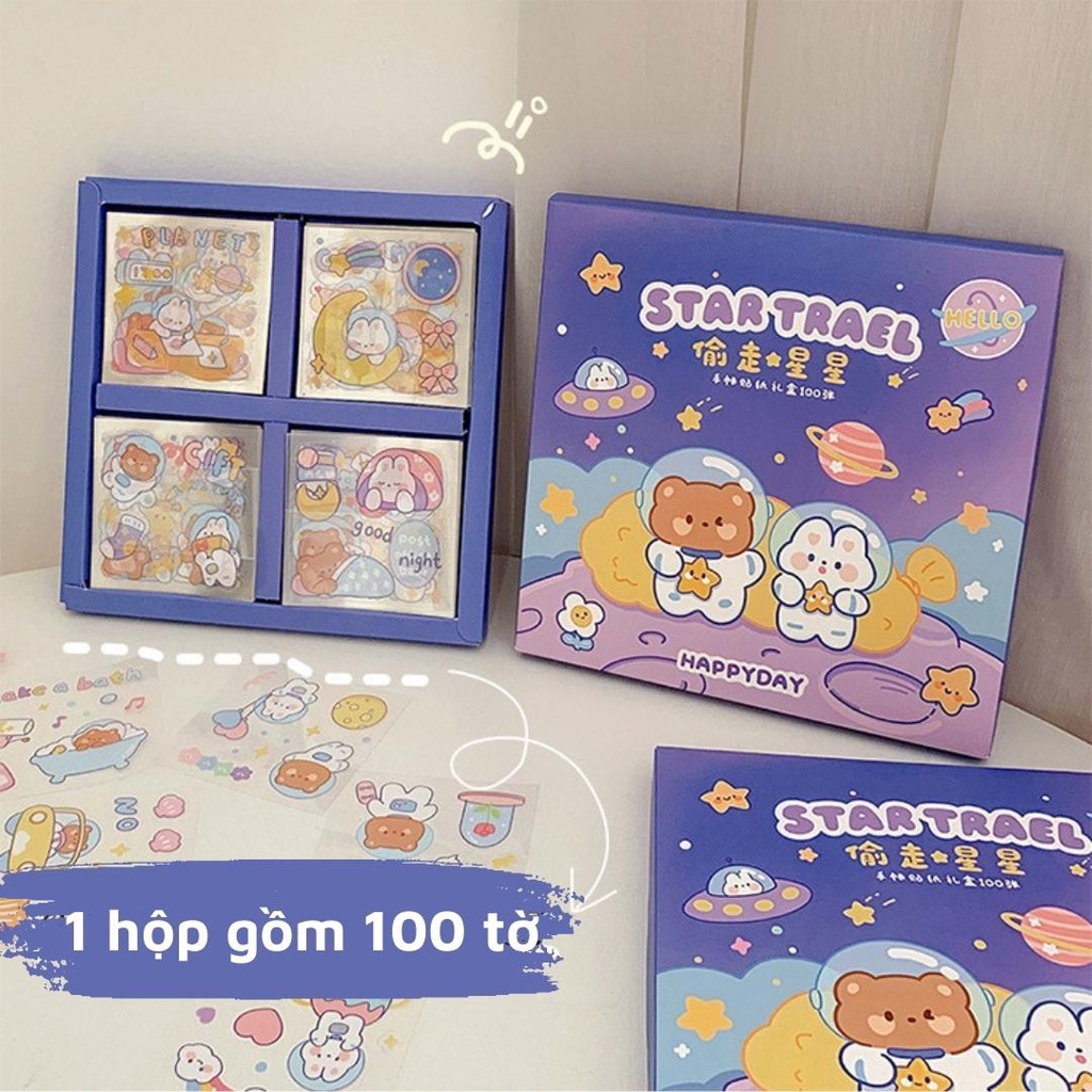 Sticker dán gấu phi hành gia dễ thương trang trí bình nước, điện thoại nhựa PET siêu dính chống nước