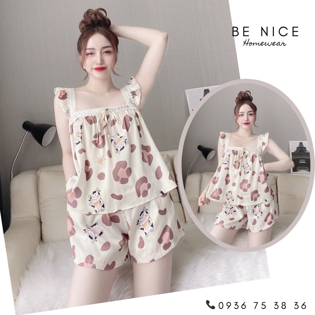 Set mặc nhà cổ vuông phối ren đùi họa tiết cho nàng nhà Be Nice Homewear