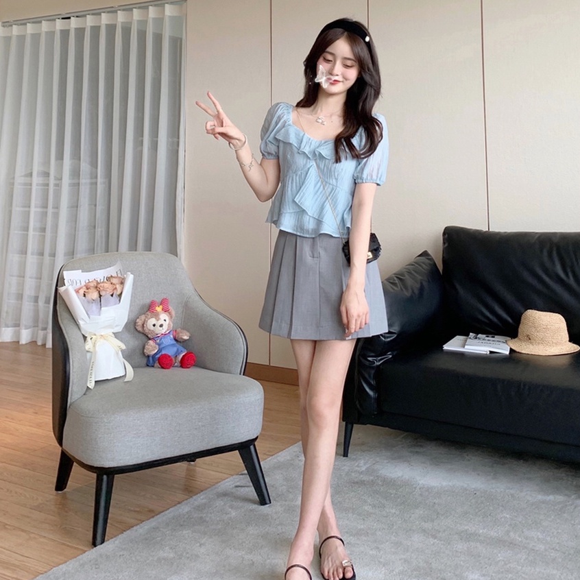 Áo chiffon BH trễ vai ngắn tay phối bèo thời trang mùa hè cho nữ