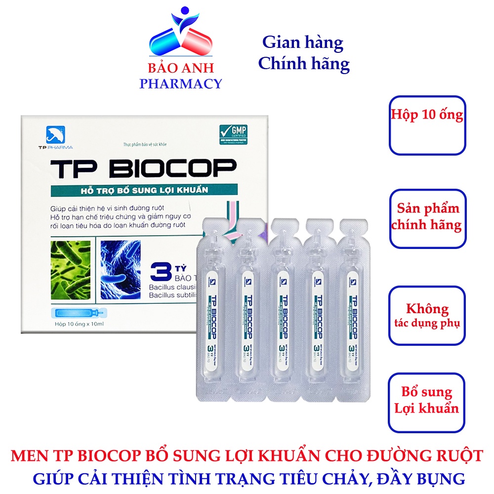 Men TP BIOCOP bổ sung lợi khuẩn giúp hỗ trợ rối loạn tiêu hóa, an không tiêu, tiêu chảy, phân sống – Hộp 10 ống