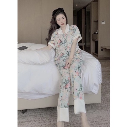 Đồ Ngủ Pijama Nữ💖Bộ Lụa Cộc Tay - Quần Dài Hoạ Tiết Tiểu Thư [HÀNG SIÊU ĐẸP]