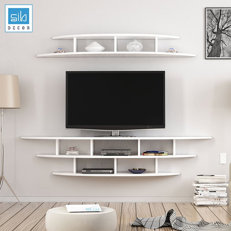 Combo 2 Kệ Gỗ Trang Trí Treo Tường Trên Và Dưới Tivi Hình Cung Tròn Màu Trắng Thương Hiệu SIB Decor
