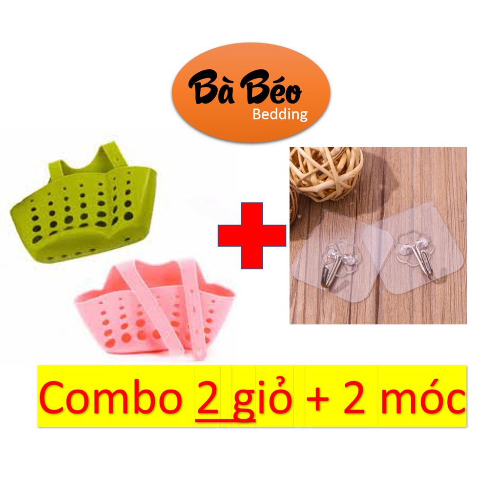 combo giỏ nhựa đựng đồ + móc dính dán tường - Đựng giẻ rửa bát xà phòng rác đồ tiện ích