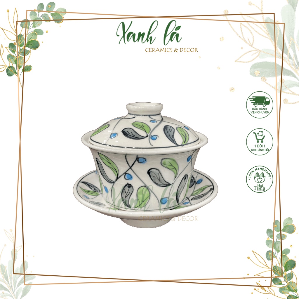 Ly cốc trà có nắp bát trà sâm chén uống trà cung đình kiểu Trung hoa vẽ lá ô liu gốm sứ thủ công Bát Tràng