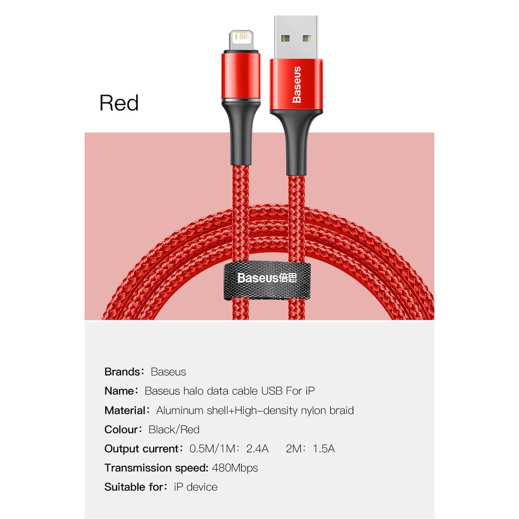 Dây cáp sạc nhanh Baseus 2.4A có đèn led cho IPhone 12 pro 11 Xs Max Xr X 8 7 Plus(sạc nhanh 2.4A, LED báo sạc)