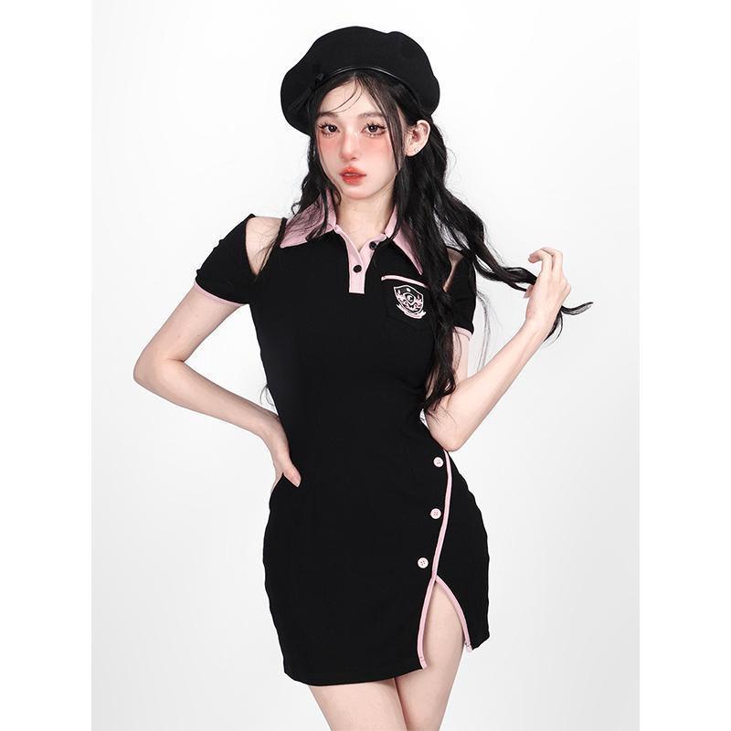 COZOK Đầm Tay Ngắn Cổ polo Ôm Eo Thời Trang
