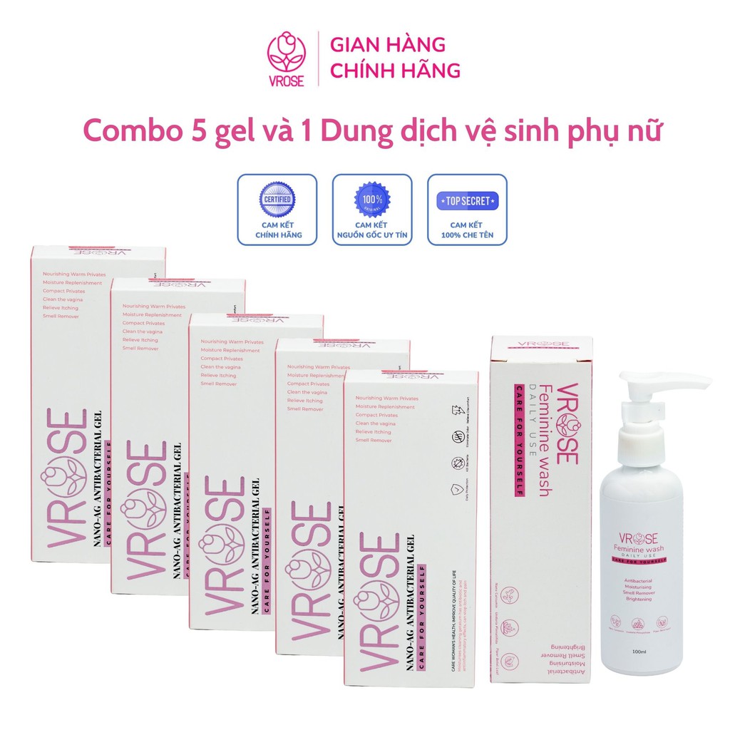 Combo 5 gel phụ khoa và dung dịch vệ sinh nano Vrose