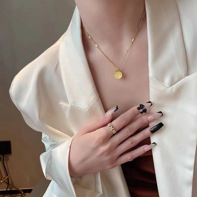 Dây chuyền nữ 100% TITAN NGUYÊN CHẤT vòng cổ nữ KHÔNG GỈ mặt chữ phúc phong cách retro cổ điển mẫu mới 2021