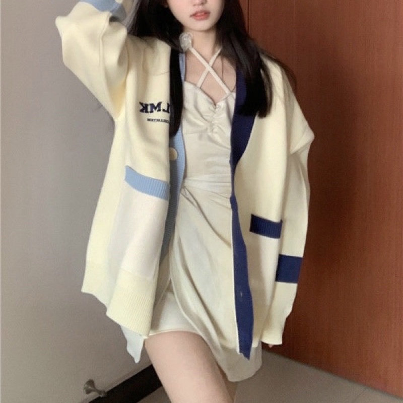 XẢ LỖ THANH LÝ Áo cardigan khoác len dáng rộng có túi thiết kế viền xanh nâu xinh xắn