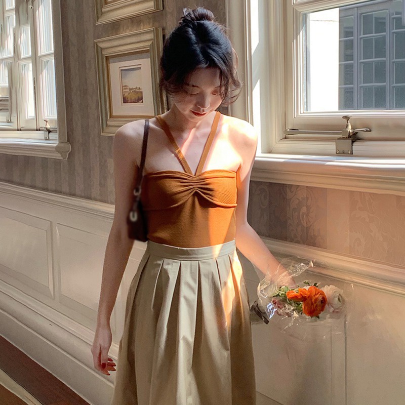 Áo Dệt Kim Hai Dây Màu Trơn Ôm Dáng Gợi Cảm Thời Trang Mùa Hè Cho Nữ