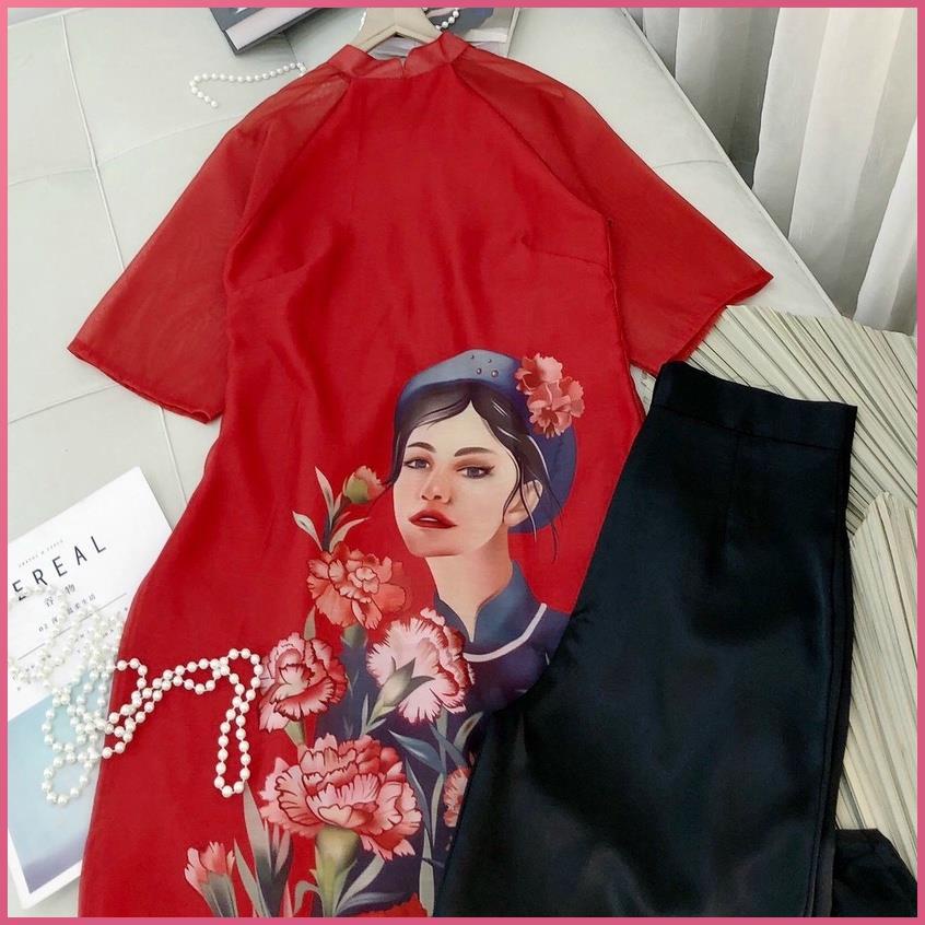 Áo Dài Cách Tân Nữ CIBI áo dài tết 4 tà màu đỏ hình cô gái đẹp thời trang nữ dưới 54kg