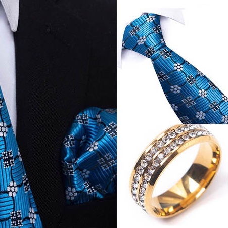 Bộ Cà vạt 4 món gồm Cavat 8cm, khăn cài túi, Măng-set, Nhẫn tròn phụ kiệ, Cravat chú rể, Calavat công sở CBC-8234