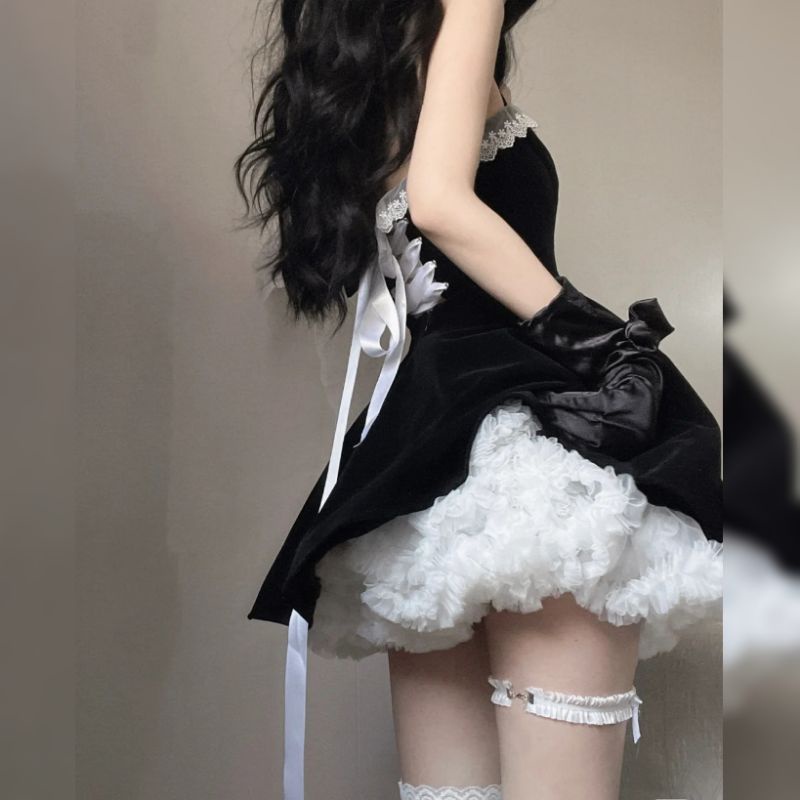 (K28) Váy đầm nhung Công chúa đan nơ viền ren kèm tùng phồng nhúng màu trắng đen loại đẹp