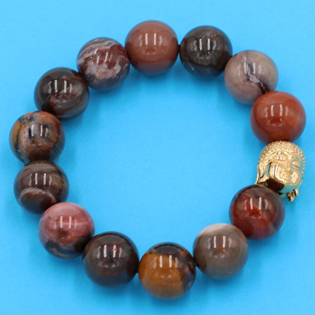 Vòng đeo tay Gỗ Hóa Thạch 14 ly charm hạt Phật A Di Đà inox VGHTNLE14 - Hợp tất cả các mệnh