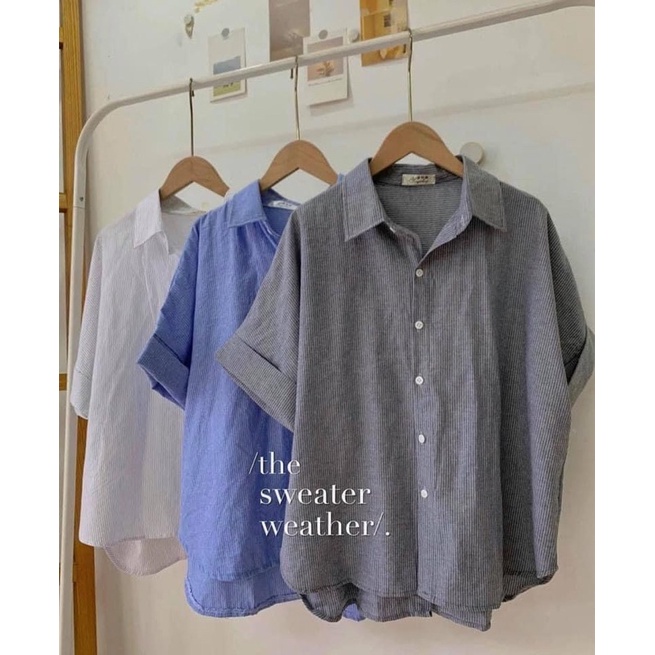 Áo sơ mi kẻ dáng oversize cổ đức khuy sau tay gập