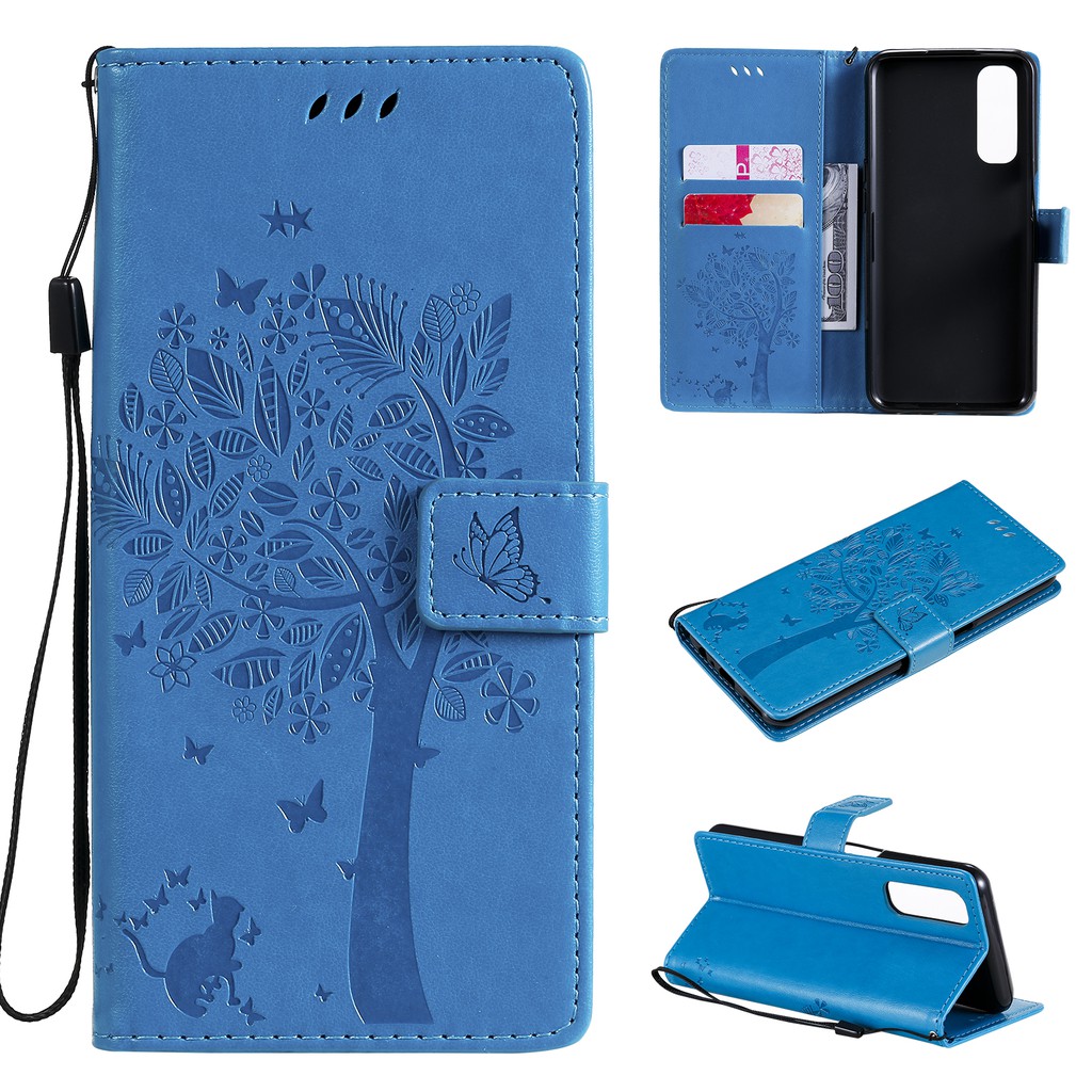 Bao da điện thoại họa tiết cây và mèo dập nổi cho OPPO REALME 7 / REALME 7 PRO / REALME 7I / REALME C17