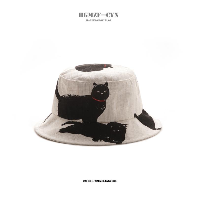 Nón Bucket Vải Cotton Lanh In Hình Mèo Dễ Thương Phong Cách Hàn Quốc Cho Nữ