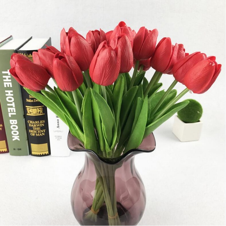 Hoa giả-Com bô 10 bông hoa tulip cao cấp lá thẳng trang trí nhà cửa, bàn làm việc, kệ sách