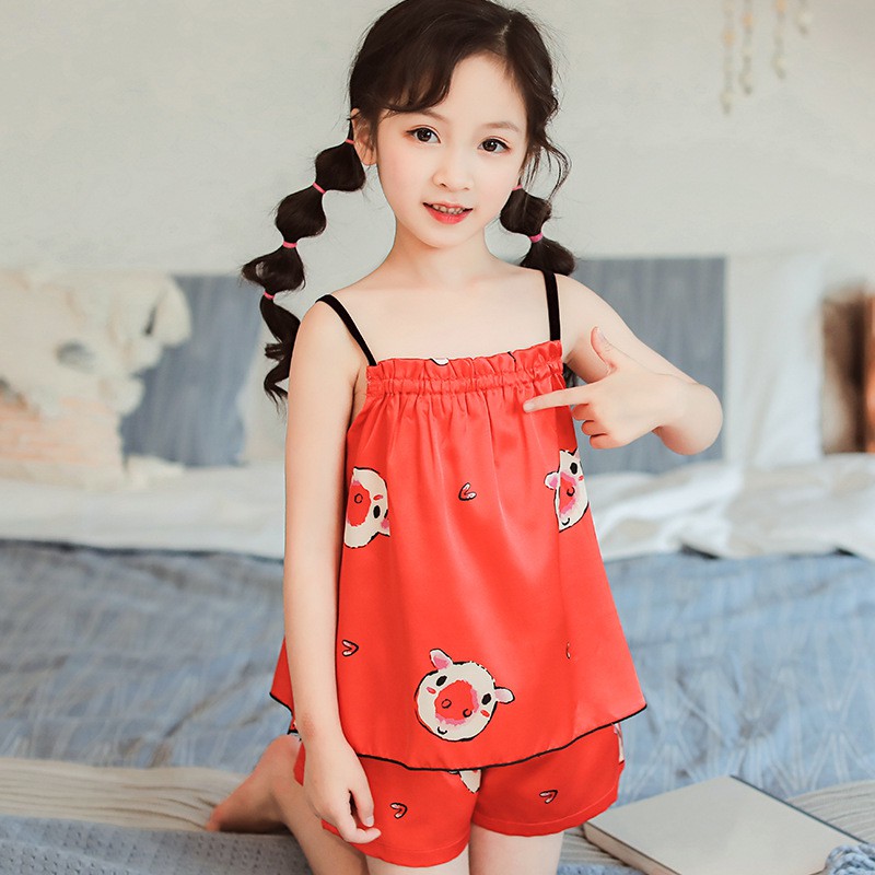 Bộ lụa 2 dây in hình cute cho bé gái từ 8kg đến 25kg